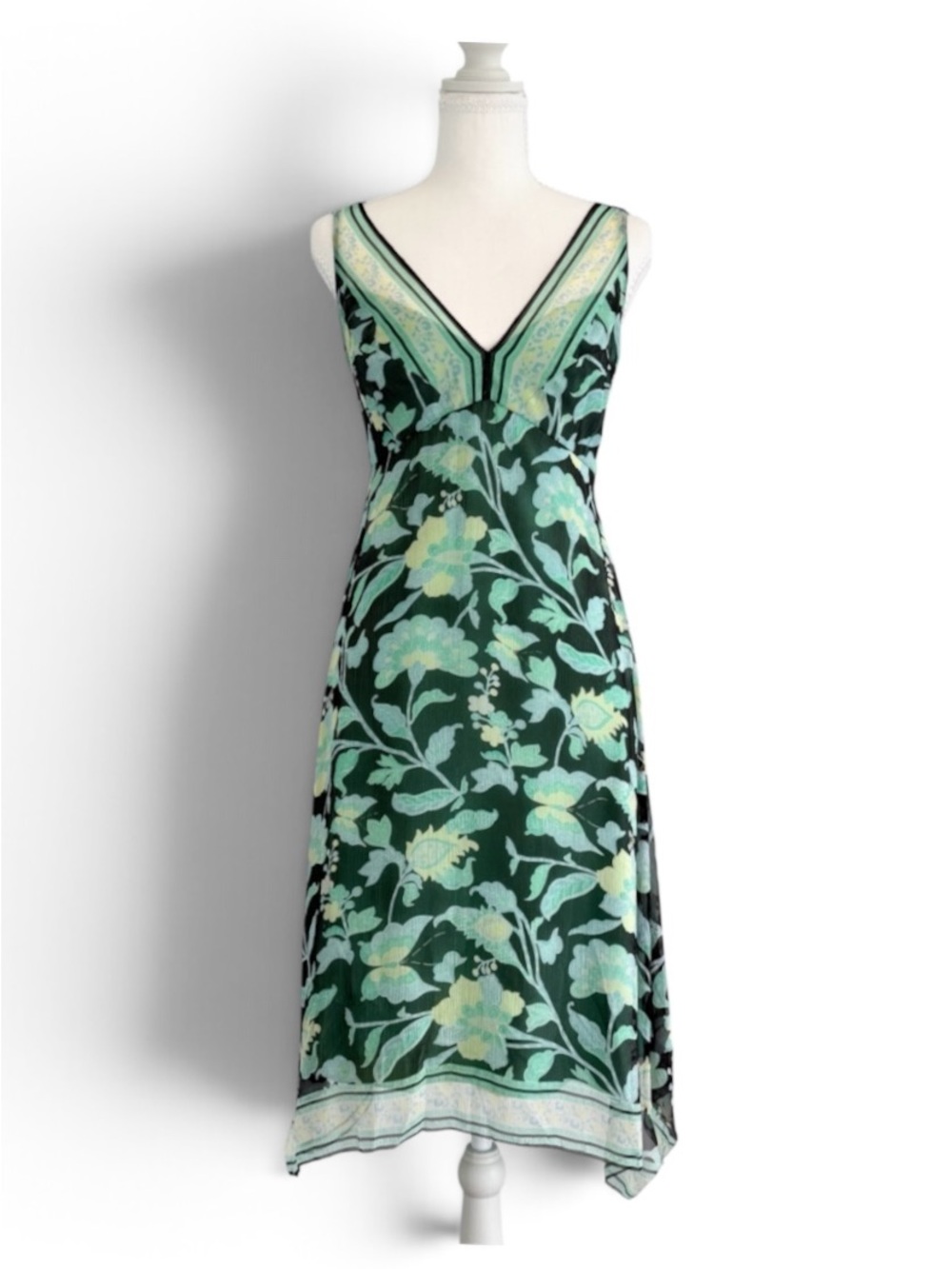 Elie Tahari Green Floral V-Neck Midi Dress